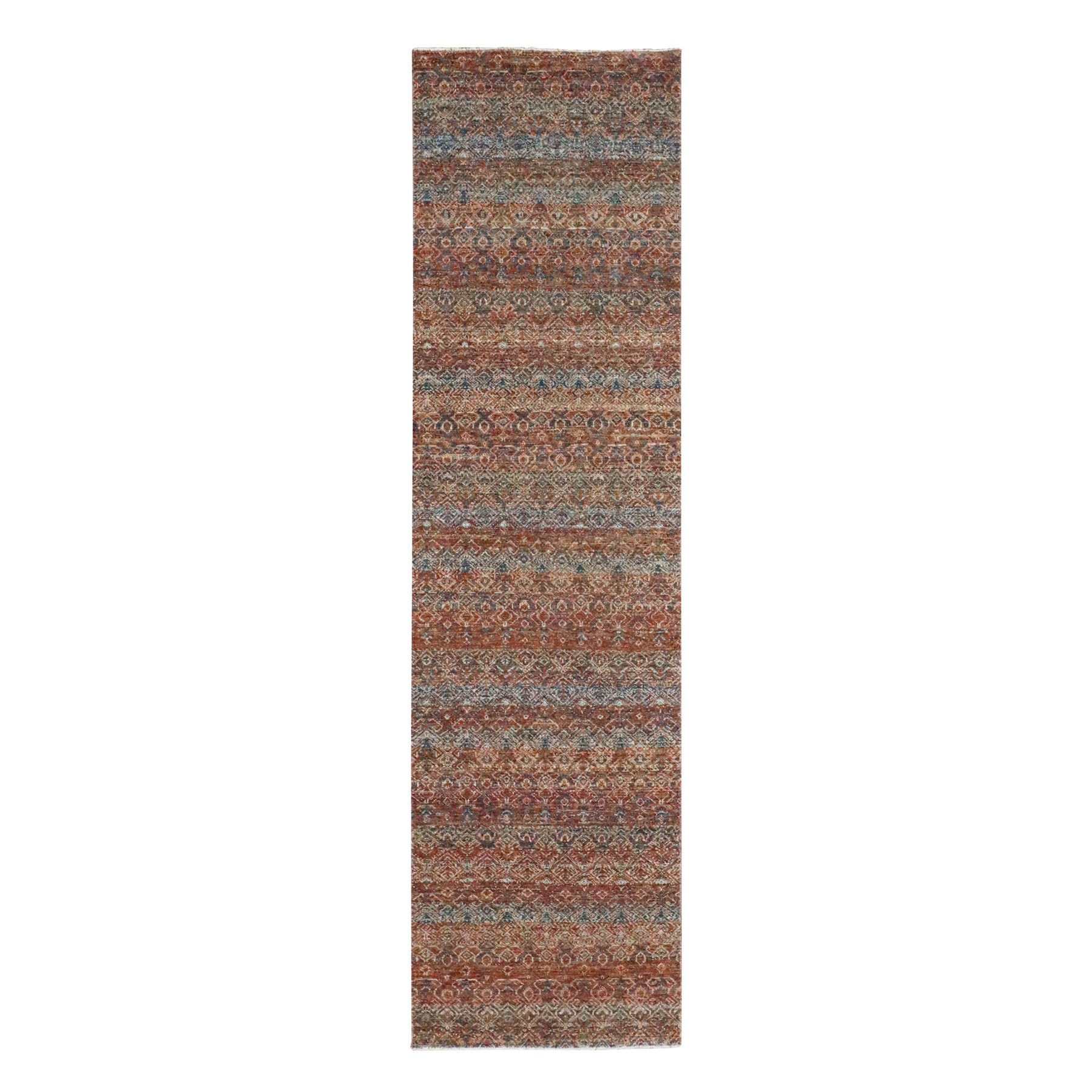 2'7"x10' Chili Red, Kohinoor Herat with Small Geometric Repetitive Diamond Pattern, Soft and Shiny Wool, Hand Knotted, Tone on Tone, Runner, Oriental Rug 